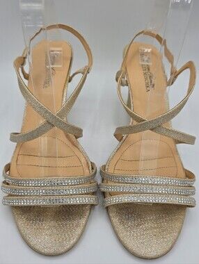 Badgley Mischka Gold Rhinestone Wedge Sandals Size 10
